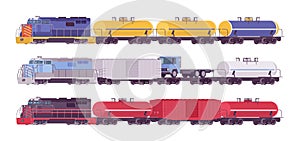 Rail Freight colorful train set, goods wagons, railway transporting cargo