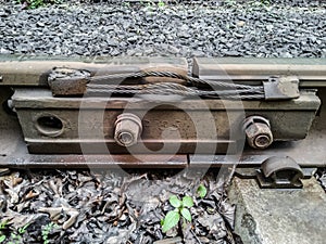 Rail joint on railway, close up