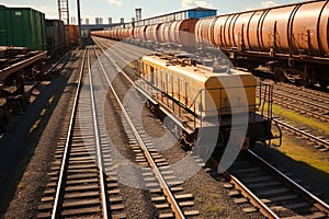 Rail logistics Top view of various railway wagons and tanks