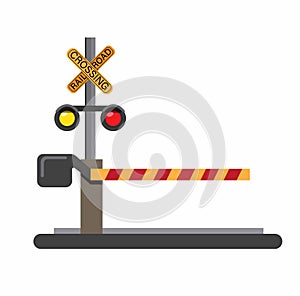 Rail road crossing sign, train, gate or baricade in street in flat illustration vector