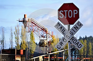 Rail road crossing to log mill Shelton Washington USA