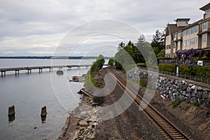 Rail road by the sea at Bellingham pier in Washington state.