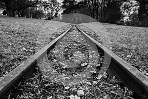 Rail Road Tracks Park Hills Landscape Forest Black White Monochrome Emotional Goal Travel Moving Perspective Closeup