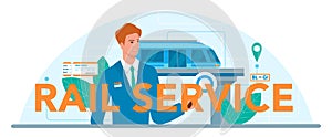 Rail service typographic header. Train conductor in uniform on duty.