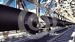 Rail tank cars with oil on the rails at sunrise. Train transportation of tankers. The container of the liquid fuel oil