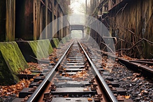 rail tracks merging at a rusty switch point
