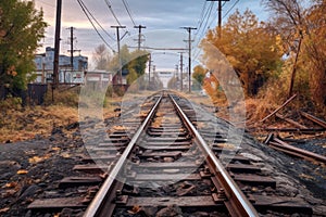rail tracks merging at a rusty switch point