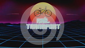 Rail transport inscription on colourful synth wave background and bicycle illustration. Graphic presentation