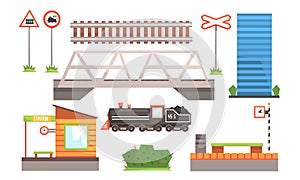 Rail Transport Set, Railway Station, Road Signs, Locomotive, Bridge Vector Illustration