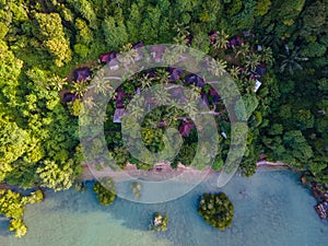 Railay beach Krabi Thailand, tropical beach of with backpacker bamboo hut in the jungle