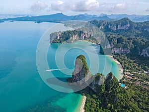 Railay beach Krabi Thailand, tropical beach of Railay Krabi, Drone aerial view of Panoramic view of idyllic Railay Beach