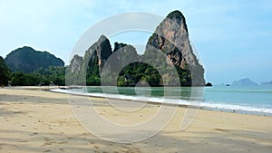 Railay Beach Krabi Thailand a tropical beach with a turqouse colored ocean