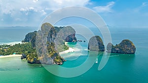 Railay beach in Thailand, Krabi province, aerial bird`s view of tropical Railay and Pranang beaches with rocks and palm trees