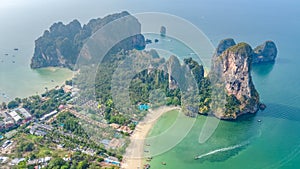 Railay beach in Thailand, Krabi province, aerial bird`s view of tropical Railay and Pranang beaches with rocks and palm trees