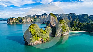 Railay beach in Thailand, Krabi province, aerial view of tropical Railay and Pranang beaches and coastline of Andaman sea from photo