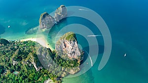 Railay beach in Thailand, Krabi province, aerial view of tropical Railay and Pranang beaches and coastline of Andaman sea