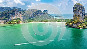 Railay beach in Thailand, Krabi province, aerial view of tropical Railay and Pranang beaches and coastline of Andaman sea