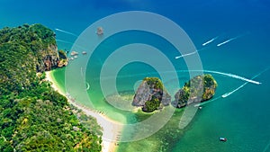 Railay beach in Thailand, Krabi province, aerial view of tropical Railay and Pranang beaches and coastline of Andaman sea