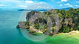 Railay beach in Thailand, Krabi province, aerial view of tropical Railay and Pranang beaches and coastline of Andaman sea