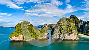 Railay beach in Thailand, Krabi province, aerial view of tropical Railay and Pranang beaches and coastline of Andaman sea from