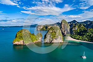 Railay beach in Thailand, Krabi province, aerial view of tropical Railay and Pranang beaches and coastline of Andaman sea from