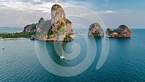 Railay beach in Thailand, Krabi province, aerial view of tropical Railay and Pranang beaches and coastline of Andaman sea photo