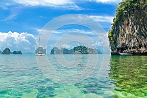 Railay beach in Thailand, Krabi province,  view of tropical Railay and Pranang beaches with rocks and palm trees