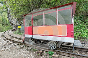 Railcar for the workers in the deep narrow Guam canyon. Western Caucasus.