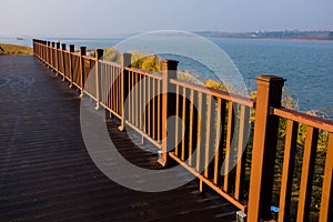 Railings on the lakeside plank road