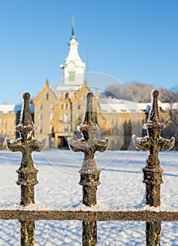 Railings in snow outside Trans-Allegheny Lunatic Asylum