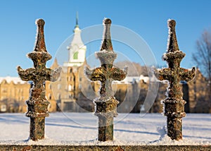 Railings in snow outside Trans-Allegheny Lunatic Asylum