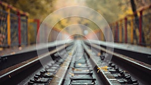 Railroad through autumn forest, yellow fallen leaves on rails and crossties