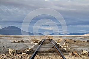 Railroad at the borders of Bolivia and Chile going nowhere in the middle of desert.