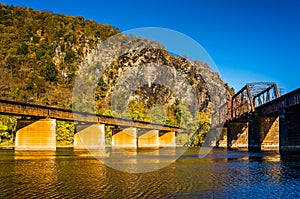 Railroad bridges over the Potomac River and Maryland Heights in
