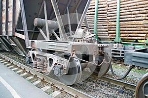 Railroad car wheels on rails closeup