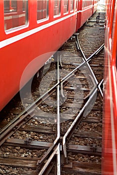 A railroad cross between two red trains