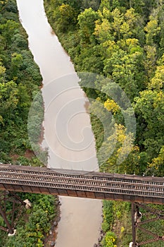 Railroad Crosses Over Top of River and Woods