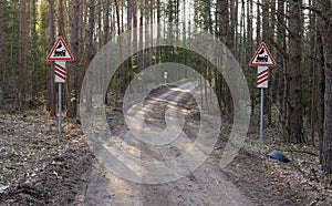 Railroad crossing sign in middle of the forest