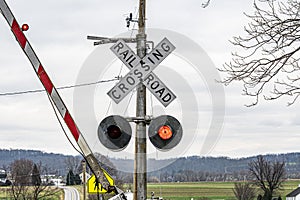 A railroad crossing sign is on a pole