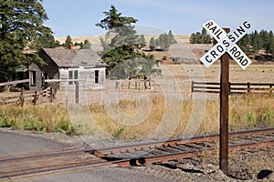 Railroad Crossing Sign Tracks Abandoned House Rural Ranch Farmland