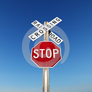 Railroad crossing and stop signs.