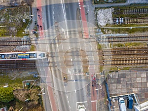 Railroad crossing street aerial