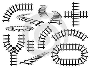 Railroad elements. Curved, straight and wavy rail tracks. Railway rails in perspective and top view, steel bars road