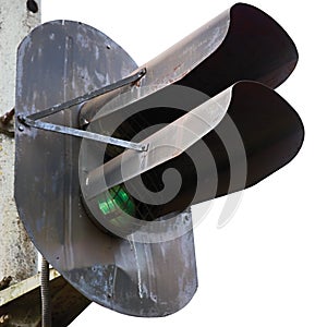 Railroad green light signal isolated closeup