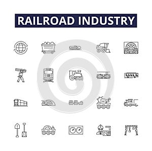 Railroad industry line vector icons and signs. Railroad, Tracks, Locomotive, Train, Coal, Rolling-stock, Transport
