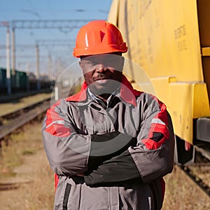 Railroad man in uniform and red hard hat look at the camera