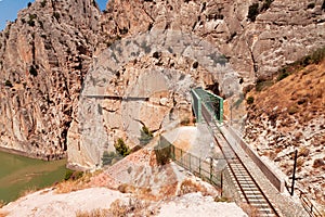 Railroad near Royal Trail (El Caminito del Rey) in gorge Chorro, Malaga province, Spain