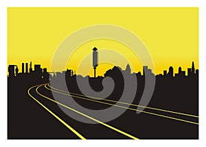 railroad in perspective view with city buildings and industrial area silhouette background