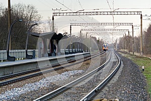 railroad rails on concrete sleepers. updated railway for high-speed, express train railway