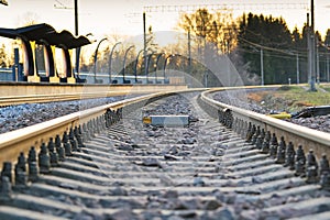 railroad rails on concrete sleepers. updated railway for high-speed, express train railway
